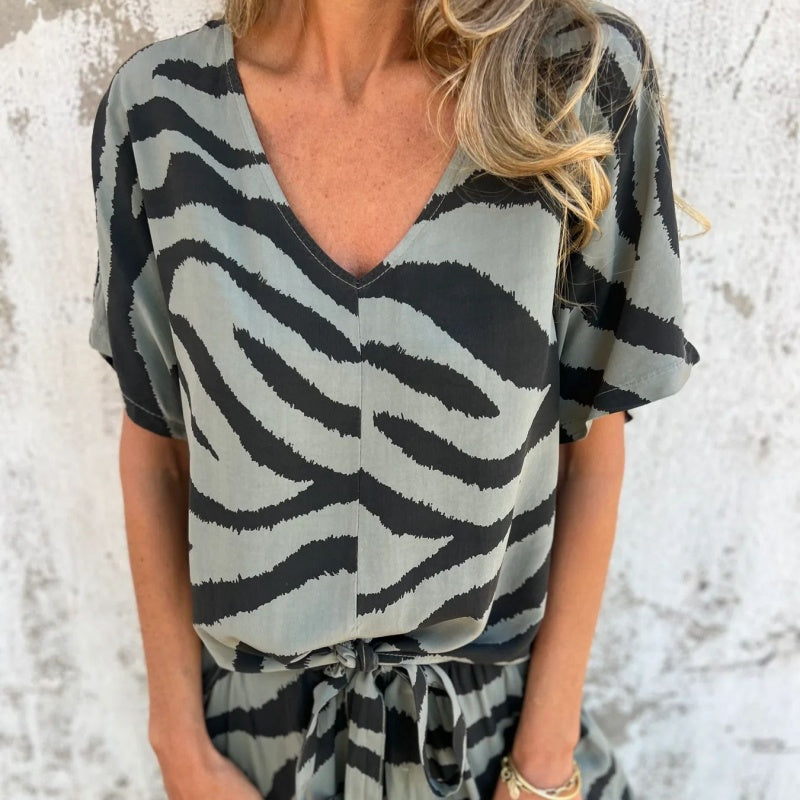 Alina™ - Zebra Print V-Neck Top and Pants Set