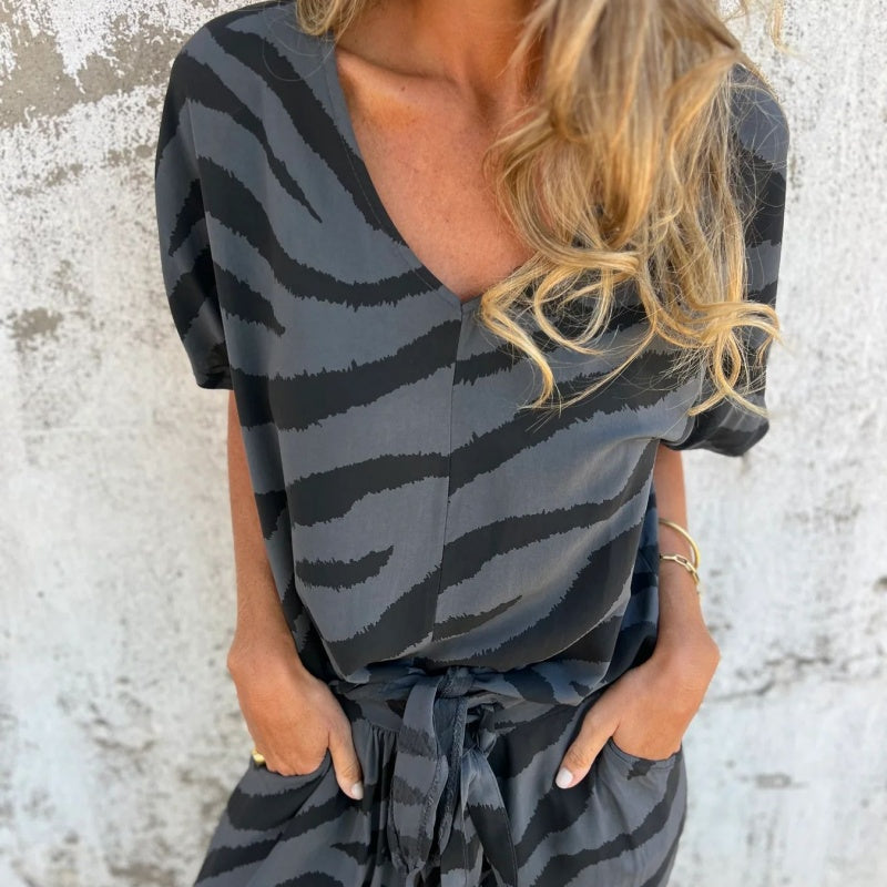 Alina™ - Zebra Print V-Neck Top and Pants Set
