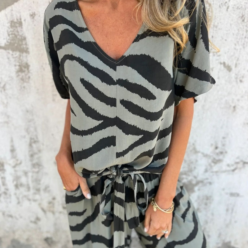 Alina™ - Zebra Print V-Neck Top and Pants Set