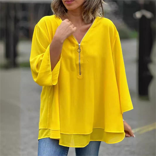 Ornella™ - Soft Double Layer Top with Zipper and V-Neck