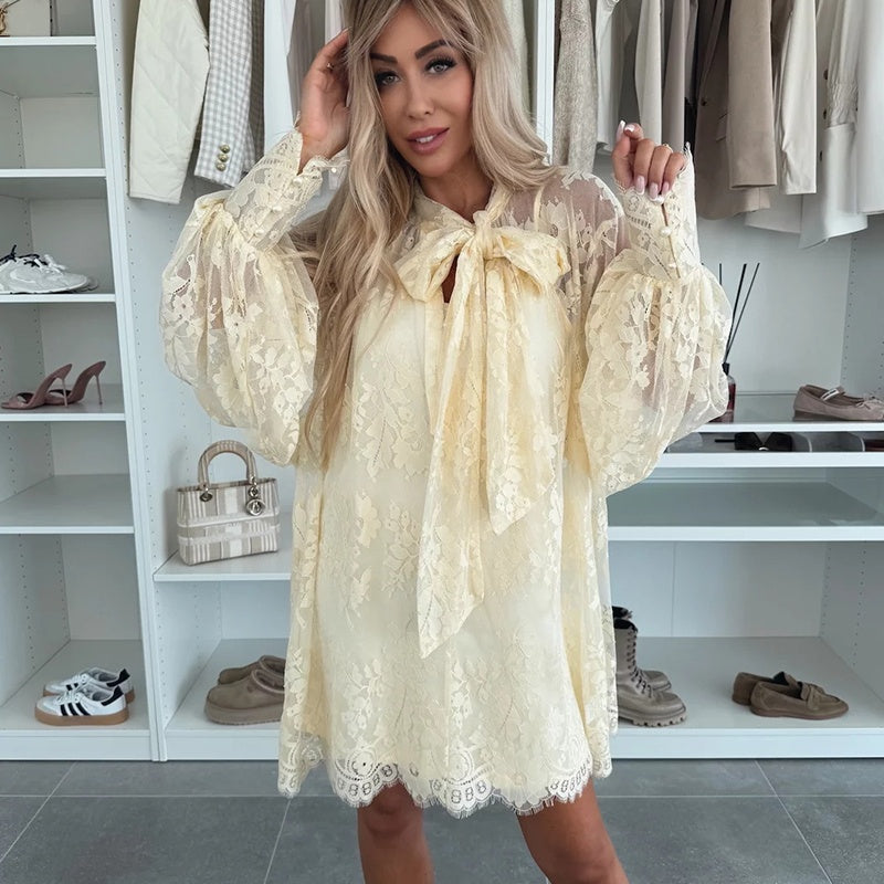 Fleur™ - Elegant Lace Mini Dress with Bow