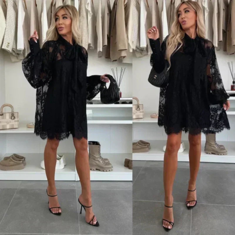 Fleur™ - Elegant Lace Mini Dress with Bow