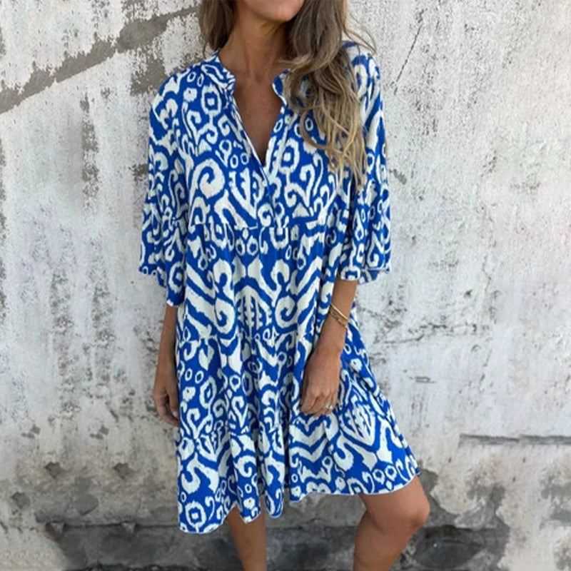 Astrid™ - Printed V-Neck Dress with Three-Quarter Sleeves