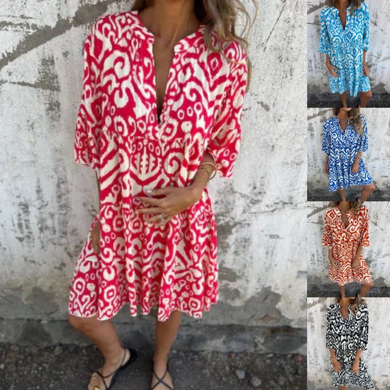 Astrid™ - Printed V-Neck Dress with Three-Quarter Sleeves