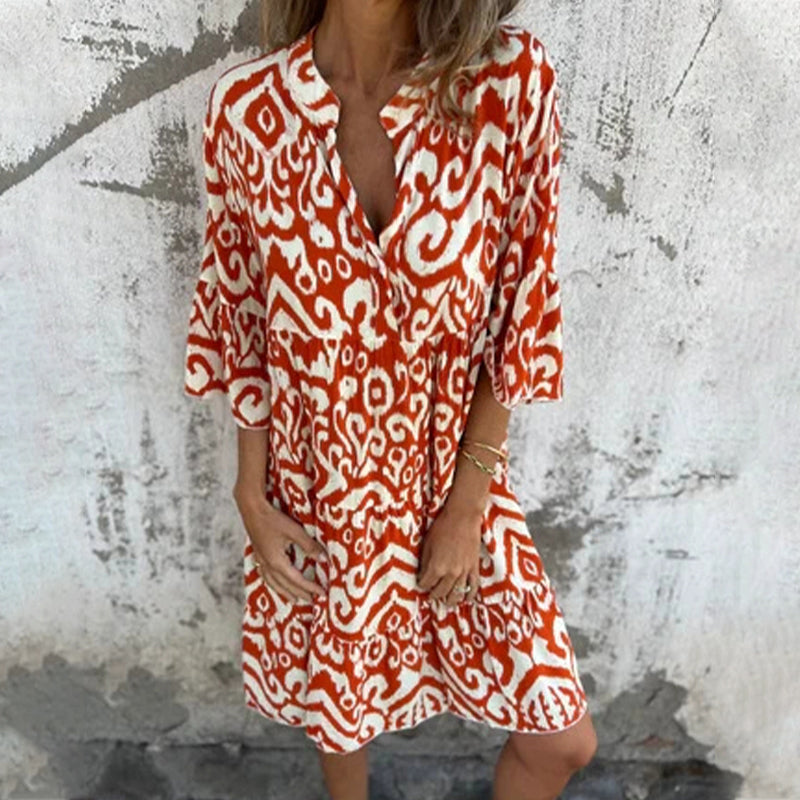 Astrid™ - Printed V-Neck Dress with Three-Quarter Sleeves