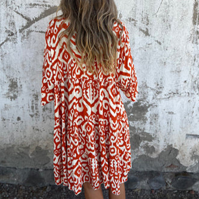 Astrid™ - Printed V-Neck Dress with Three-Quarter Sleeves