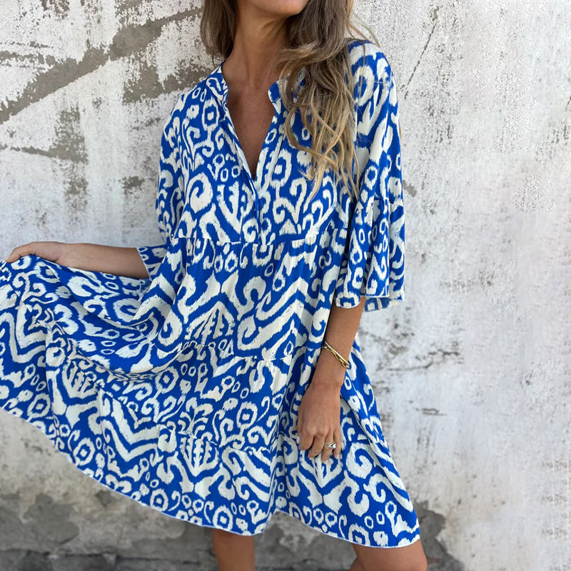 Astrid™ - Printed V-Neck Dress with Three-Quarter Sleeves
