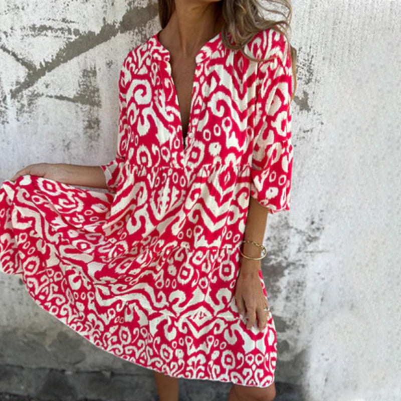 Astrid™ - Printed V-Neck Dress with Three-Quarter Sleeves