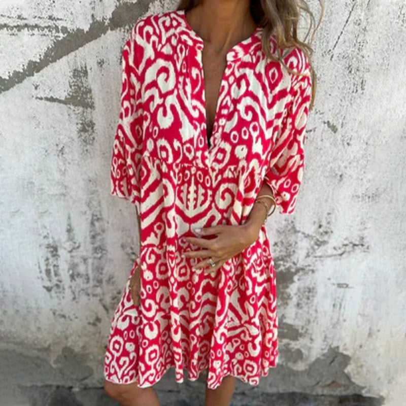 Astrid™ - Printed V-Neck Dress with Three-Quarter Sleeves