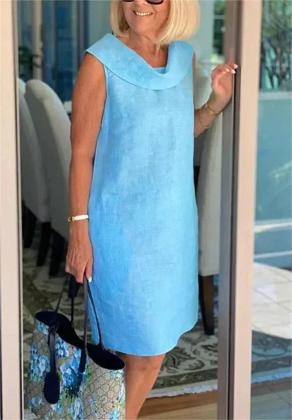 Stella™ - Elegant cotton and linen high neck dress