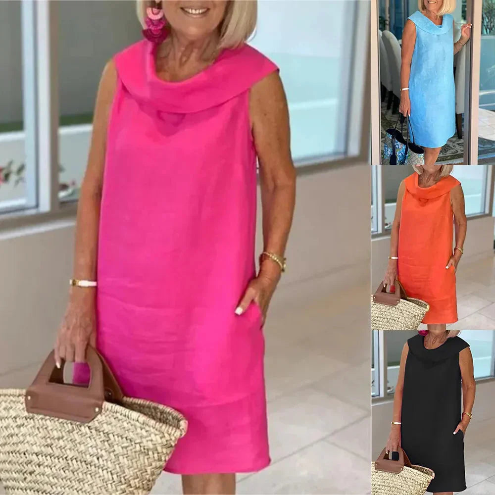 Stella™ - Elegant cotton and linen high neck dress