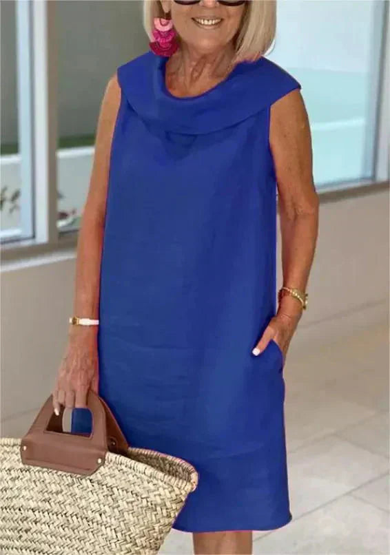 Stella™ - Elegant cotton and linen high neck dress