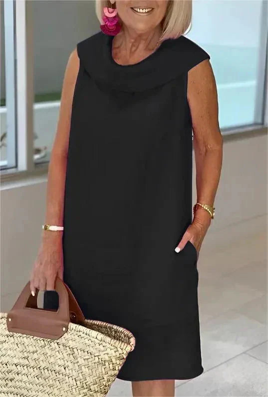 Stella™ - Elegant cotton and linen high neck dress
