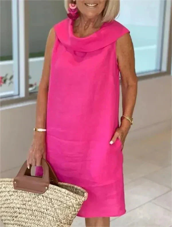 Stella™ - Elegant cotton and linen high neck dress
