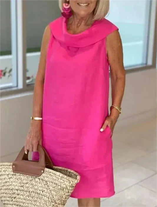 Stella™ - Elegant cotton and linen high neck dress