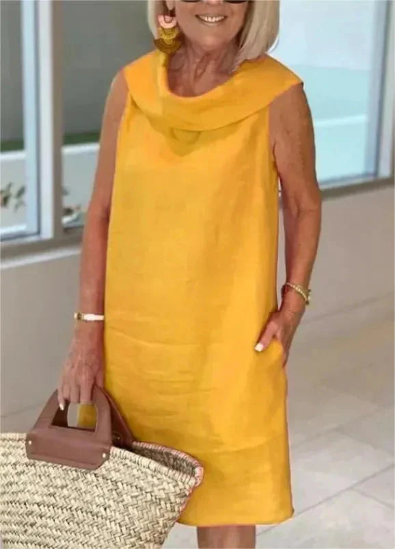 Stella™ - Elegant cotton and linen high neck dress