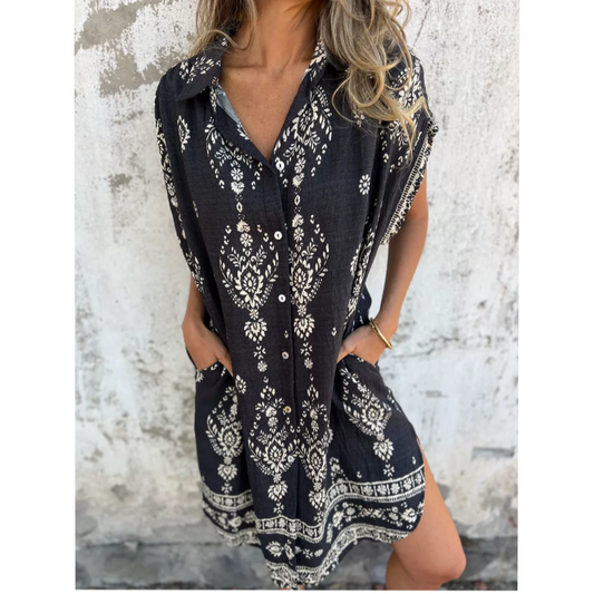 Sylviane™ - Loose Fit Printed Short Sleeve Dress with Pockets