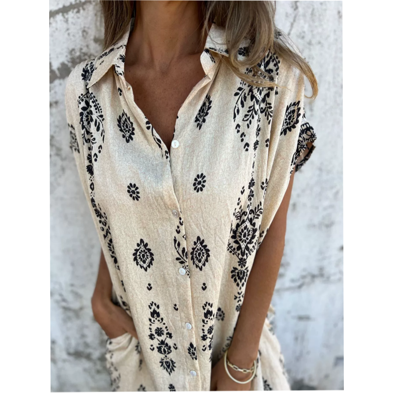 Sylviane™ - Loose Fit Printed Short Sleeve Dress with Pockets