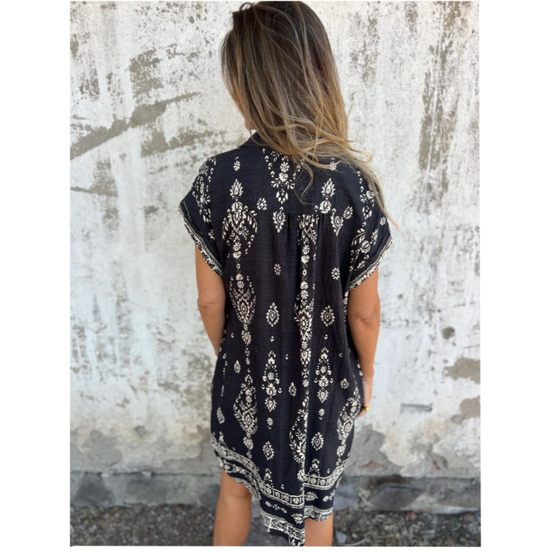 Sylviane™ - Loose Fit Printed Short Sleeve Dress with Pockets