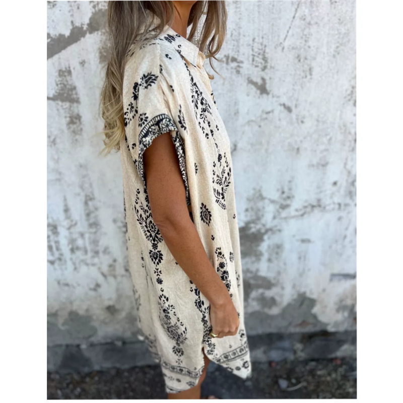 Sylviane™ - Loose Fit Printed Short Sleeve Dress with Pockets