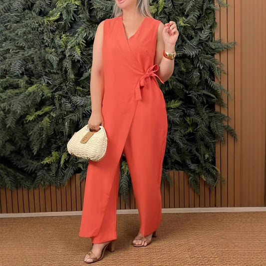Mirabelle™ - Women's Solid V-Neck Casual Jumpsuit with Tie Belt 