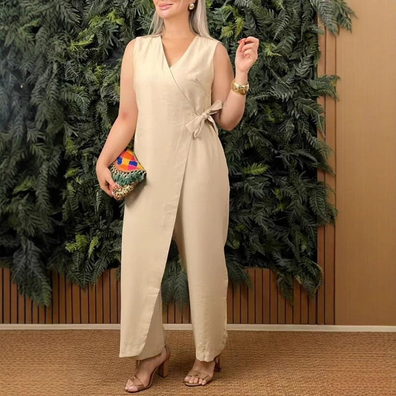 Mirabelle™ - Women's Solid V-Neck Casual Jumpsuit with Tie Belt 
