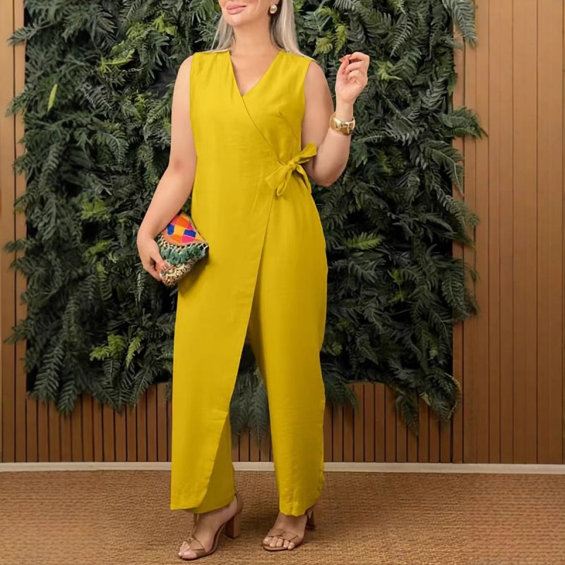 Mirabelle™ - Women's Solid V-Neck Casual Jumpsuit with Tie Belt 