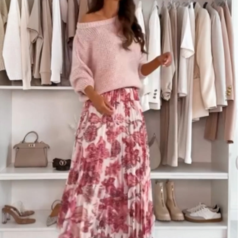 Janna™ - Round Neck Top and Printed Belted Skirt Set