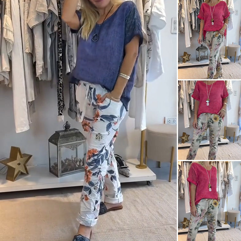 Evangeline™ - Women's 2 Piece Set - Solid Blouse and Floral Print Casual Pants 