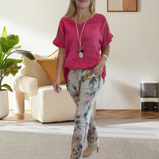 Evangeline™ - Women's 2 Piece Set - Solid Blouse and Floral Print Casual Pants 