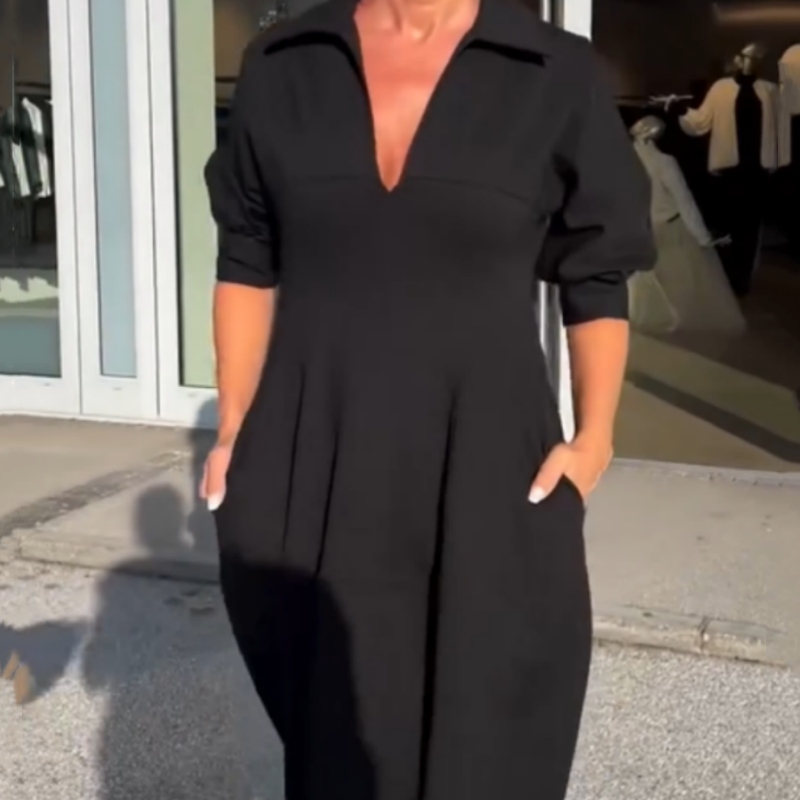 Stephanie™ - Elegant V-Neck Lapel Midi Dress 