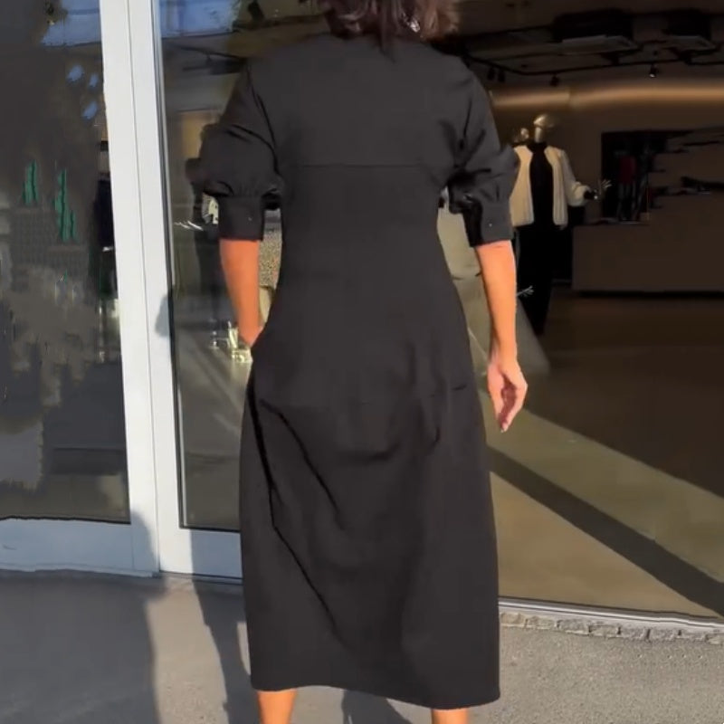 Stephanie™ - Elegant V-Neck Lapel Midi Dress 