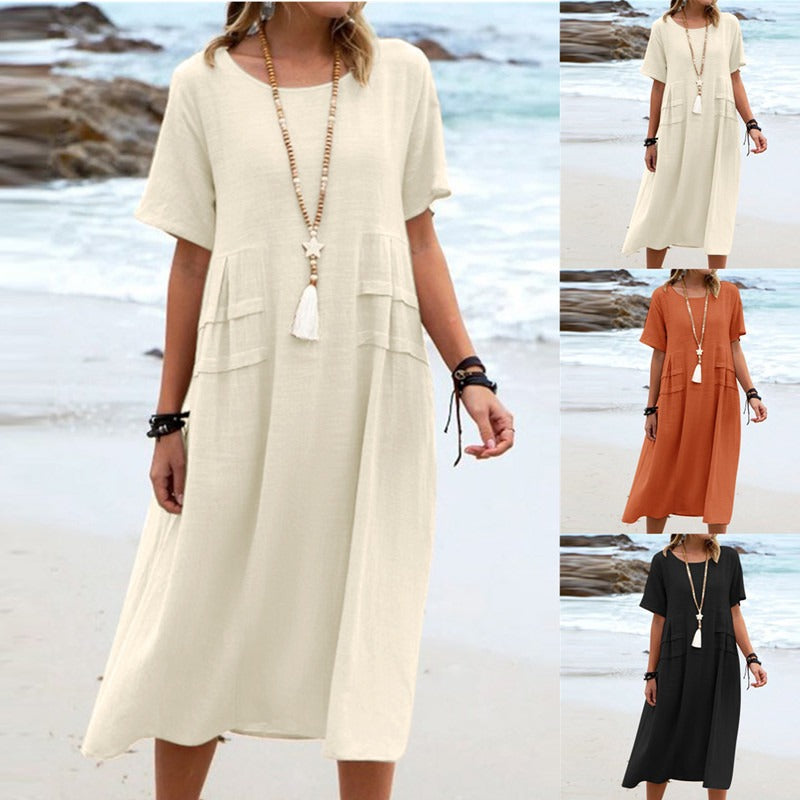 Oriana™ - Cotton and Linen Midi Dress with Round Neck 