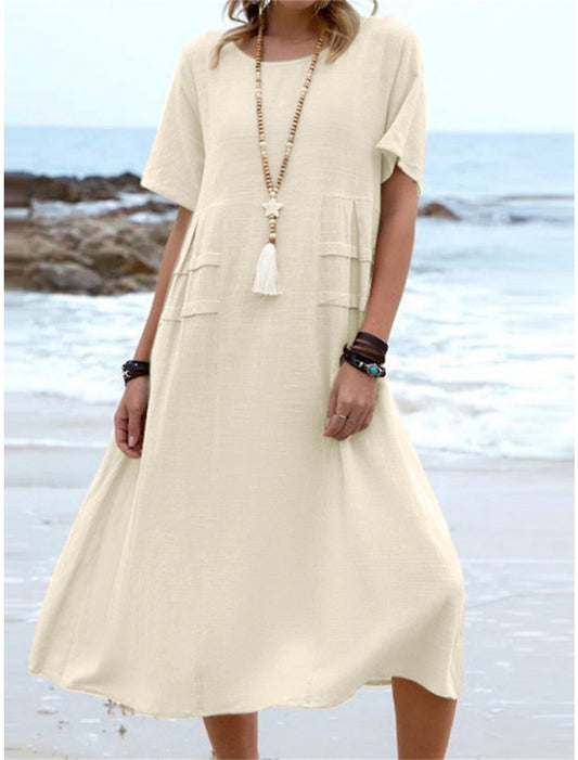 Oriana™ - Cotton and Linen Midi Dress with Round Neck 