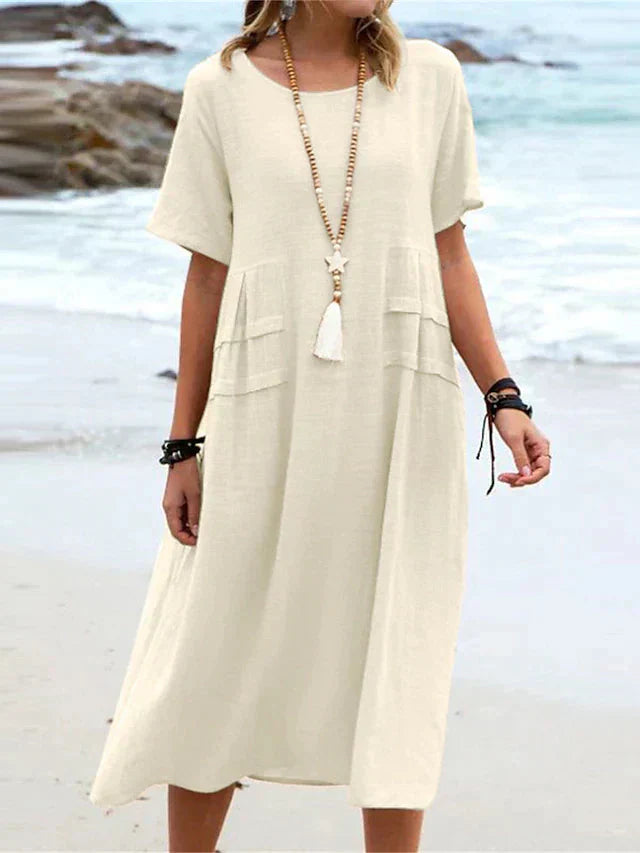 Oriana™ - Cotton and Linen Midi Dress with Round Neck 