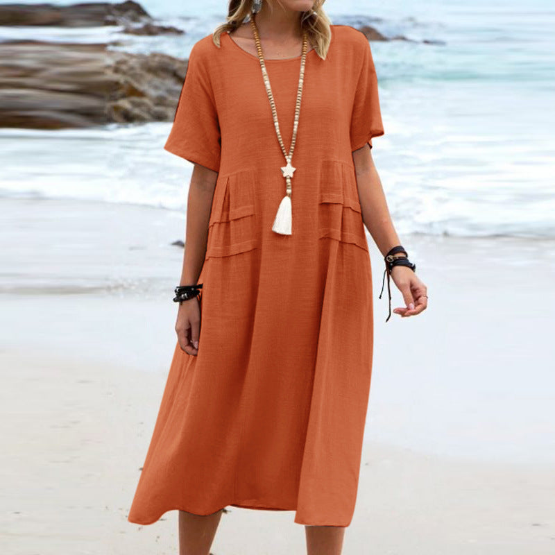 Oriana™ - Cotton and Linen Midi Dress with Round Neck 