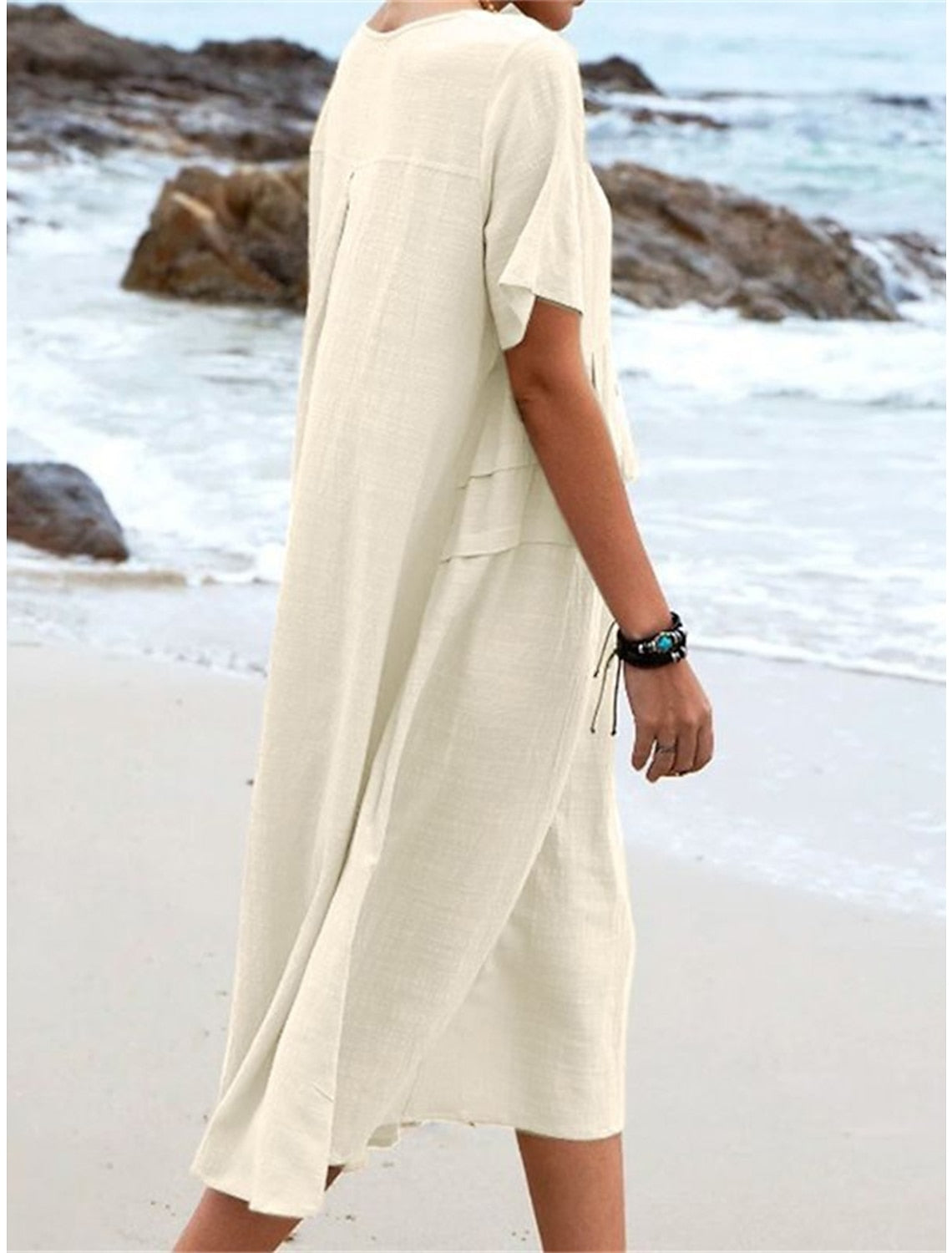 Oriana™ - Cotton and Linen Midi Dress with Round Neck 