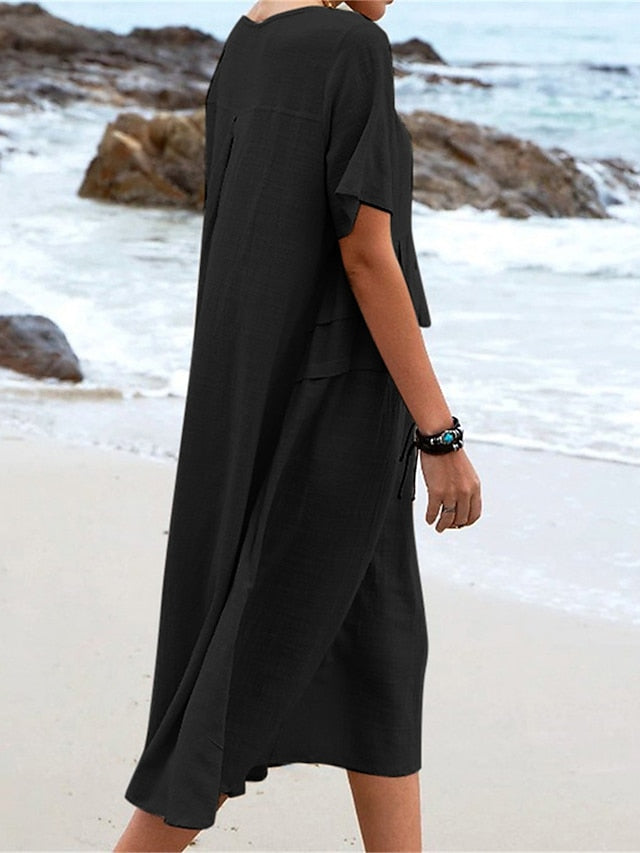 Oriana™ - Cotton and Linen Midi Dress with Round Neck 