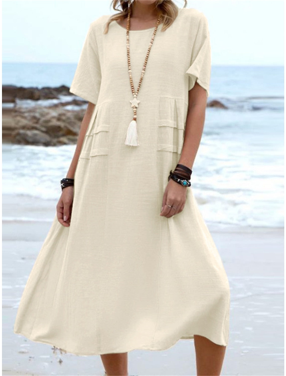 Oriana™ - Cotton and Linen Midi Dress with Round Neck 