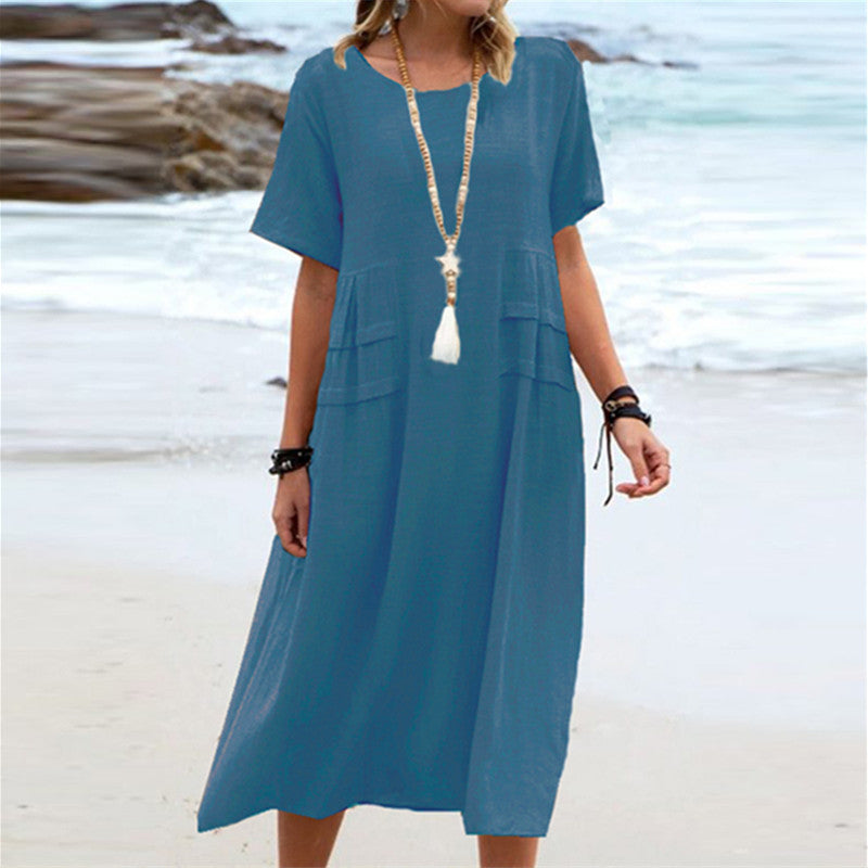 Oriana™ - Cotton and Linen Midi Dress with Round Neck 