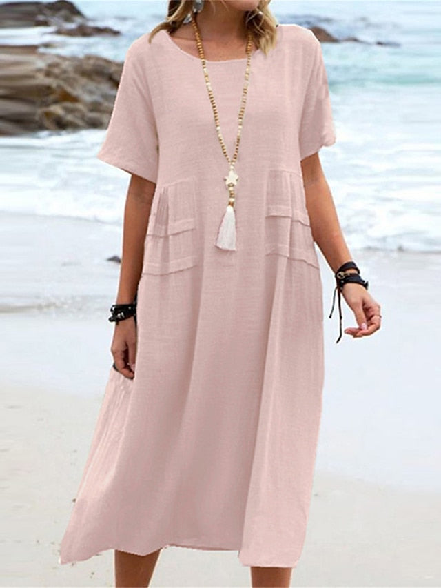 Oriana™ - Cotton and Linen Midi Dress with Round Neck 