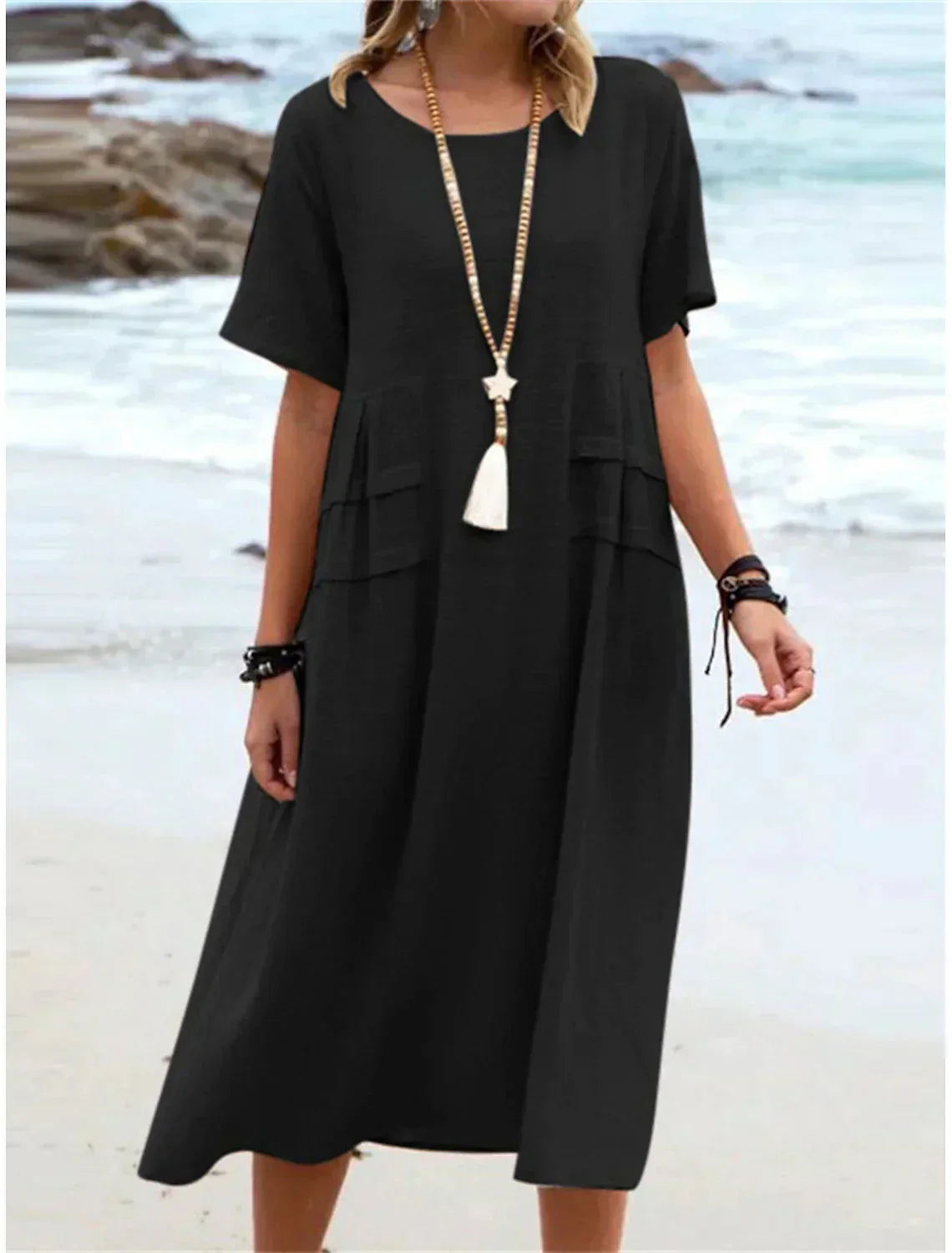 Oriana™ - Cotton and Linen Midi Dress with Round Neck 