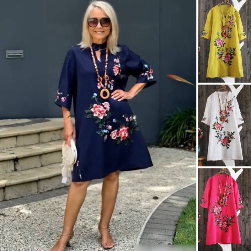 Yolanda™ - Loose Floral Cotton and Linen Dress with V-Neck