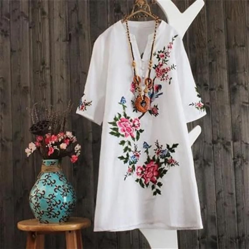 Yolanda™ - Loose Floral Cotton and Linen Dress with V-Neck