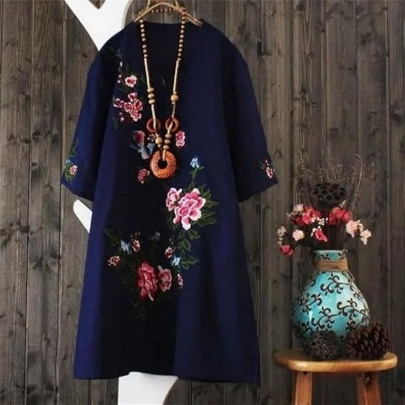 Yolanda™ - Loose Floral Cotton and Linen Dress with V-Neck
