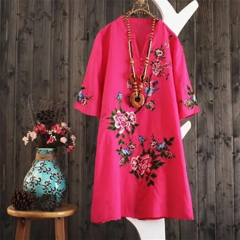 Yolanda™ - Loose Floral Cotton and Linen Dress with V-Neck