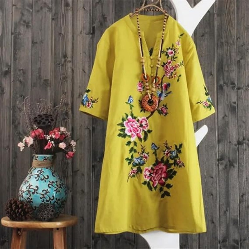 Yolanda™ - Loose Floral Cotton and Linen Dress with V-Neck
