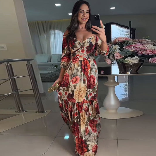 Paulina™ - Floral Pleated V-Neck Dress 