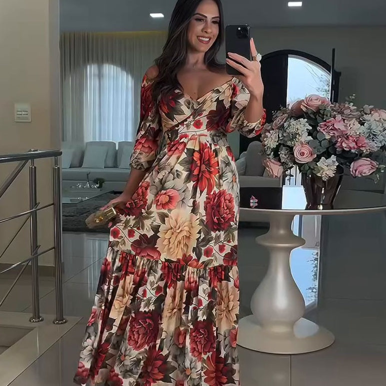 Paulina™ - Floral Pleated V-Neck Dress 