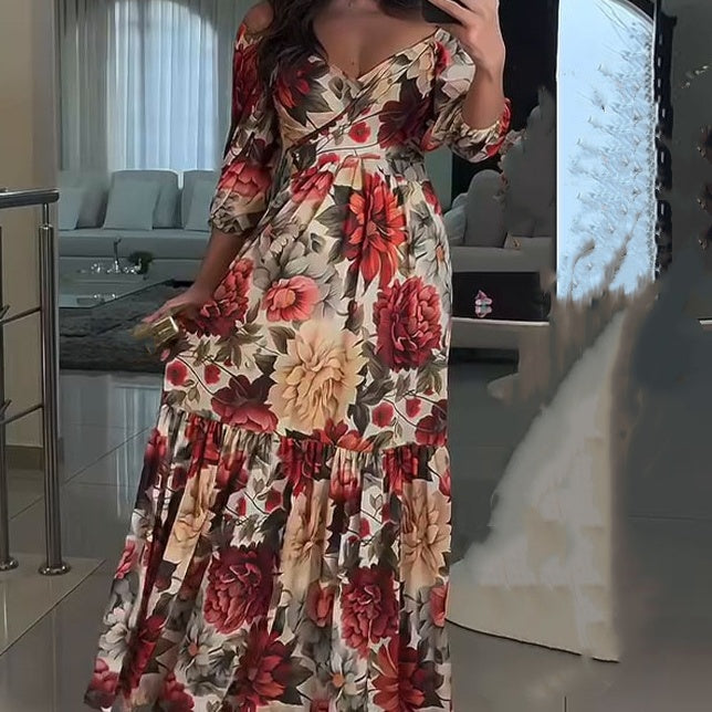 Paulina™ - Floral Pleated V-Neck Dress 
